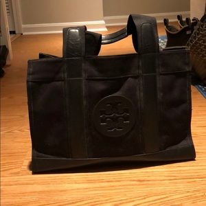 Tory Burch Black Canvas and Leather Tote